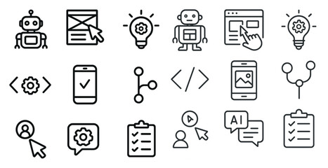 Technology and development outline icons set – linear, web, digital interface symbols