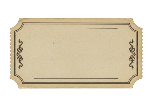 A blank vintage ticket isolated on transparent background shows an antique design