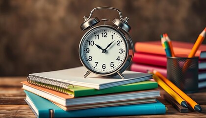 Alarm clock atop a stack of notebooks, pencils nearby, supplies, schedule