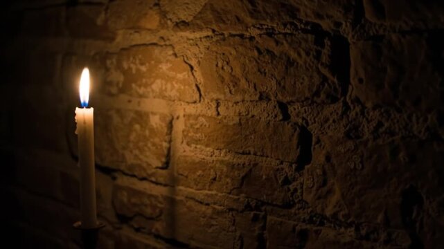 Candlelight illuminates ancient stone wall