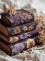 Stack of vintage books with pressed flowers