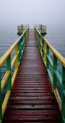 Obraz premium Colorful wooden pier extending into a foggy lake
