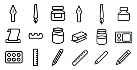 Creative writing tools line icons set – outline, linear, stationery symbols