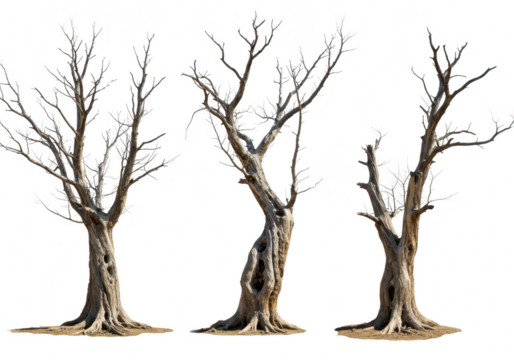 Three bare, dead trees stand starkly against a transparent background, their branches reaching skyward