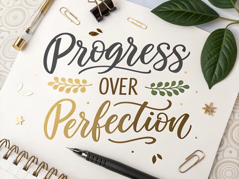 Inspirational handwritten calligraphy quote progress over perfection on a notebook with pens and leaves