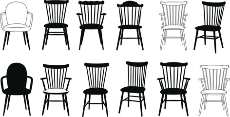 Collection of Wooden Dining Chair Silhouettes and Outlines, Vintage and Modern Chair Vector Set for Interior, Furniture, Design Projects
