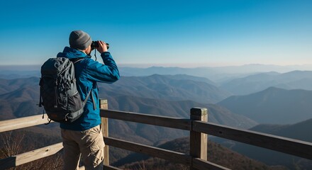 Adventurous Hiker with Backpack Using Binoculars to Observe Breathtaking Mountain Panorama from Wooden Fence