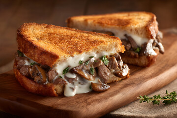 Savory steak and mushroom sandwich with creamy melted cheese and fresh herbs