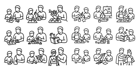 Family activity line icons set – outline, leisure, bonding and parenting symbols