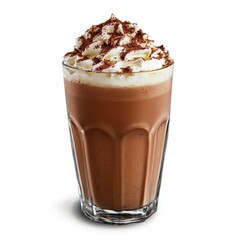 A glass of chocolate smoothie with whipping cream on top and cocoa power on top of the whipping cream drink milkshake beverage.