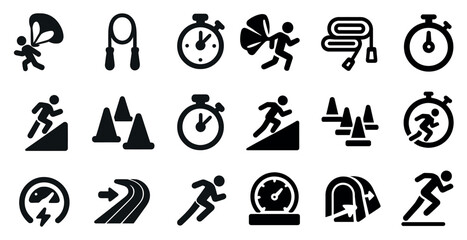 Fitness and exercise solid icons set – silhouette, filled, workout and training symbols