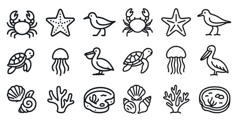 Marine life outline icons set – aquatic, beach, ocean symbols for design