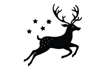Elegant Black Silhouette of a Leaping Spotted Deer with Antlers and Stars Around