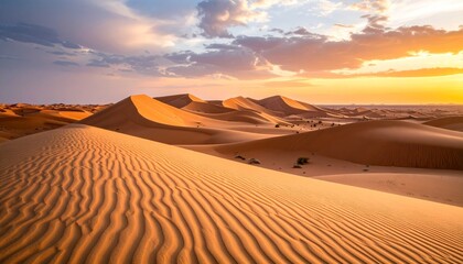 Desert landscape with sand dunes, wind-carved textures, and a dramatic orange sky during golden hour, sense of vastness and quiet