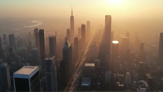 Aerial view of a futuristic megacity skyline during a golden sunrise