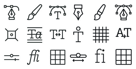 Fototapeta premium Graphic design and typography outline icons set – linear, text, vector symbols