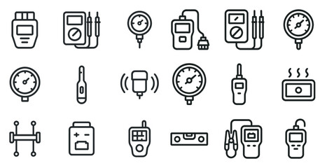 Measurement tools outline icons set – gauges, devices, precision symbols