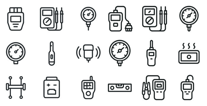 Measurement tools outline icons set – gauges, devices, precision symbols