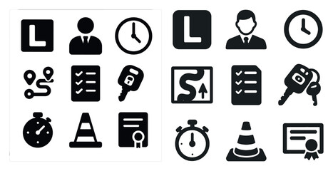 Driving education solid icons set – silhouette, learner permit, traffic symbols