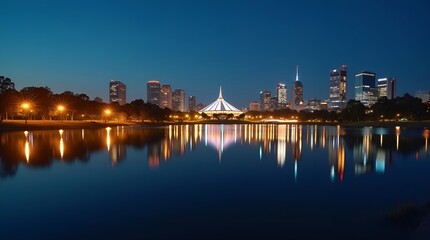 Night View of Canberra City Lights Reflecting on Lake Burley Griffin with Illuminated Buildings and Skyline