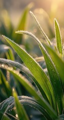 Obraz premium Close-up of frost-covered grass blades bathed in sunlight