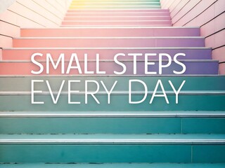 Small steps every day motivational quote overlaid on colorful ascending staircase with soft light