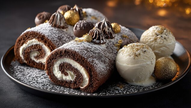 Two chocolate yule logs on a dark plate, topped with icing and gold sprinkles, alongside scoops of vanilla ice cream