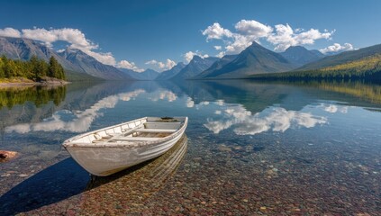 Tranquil white boat on a glassy lake reflecting mountains and clouds