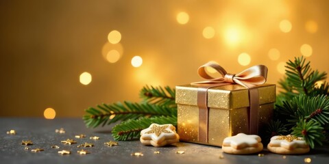 A Sparkling Gold Gift Box with Festive Star-Shaped Cookies and Evergreen Branches, Underneath a Warm Golden Glow