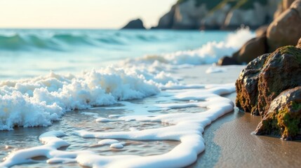 Serene Coastal Scene Gentle Waves Caress the Sandy Shore, Leaving a Trail of Foamy Whitecaps Beside Moss-Covered Rocks