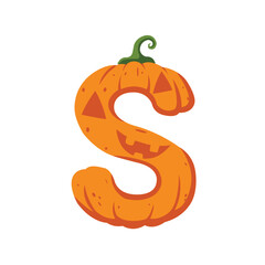 The letter S illustrated as a playful Halloween pumpkin with a curved shape and spooky carved face.