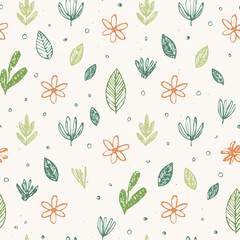 Seamless Hand-Drawn Floral and Leaf Pattern in Crayon Style