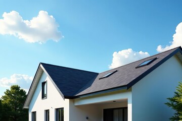 Modern House with Dark Roof and Skylights Under a Bright Blue Sky