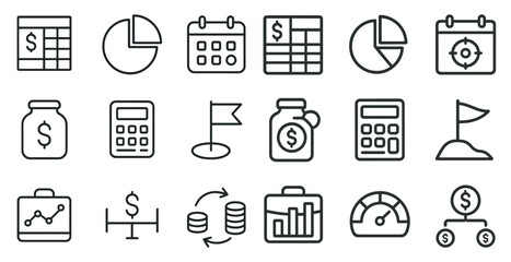 Finance outline icons set – charts, budgeting, money management symbols