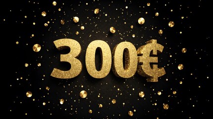 Golden 300&euro; symbol with glowing confetti on a black background. Perfect for Euro-related wealth, prize, or financial-themed visuals.