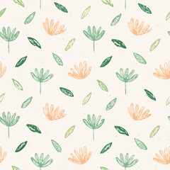 Seamless Hand-Drawn Floral and Leaf Pattern in Crayon Style