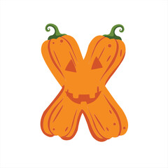 Halloween-themed letter X made from two crossing pumpkin shapes with carved faces and vine tops.