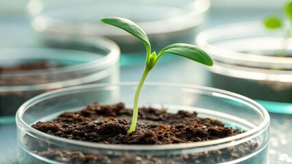 startup seed technology concept. Green seedling growing in petri dish with soil and more dishes in background.