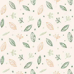 Seamless Hand-Drawn Floral and Leaf Pattern in Crayon Style