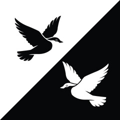 illustration of two birds flying in opposite directions, displayed in black and white diagonal split. Suitable for logo design, nature themes, and symbolic use.