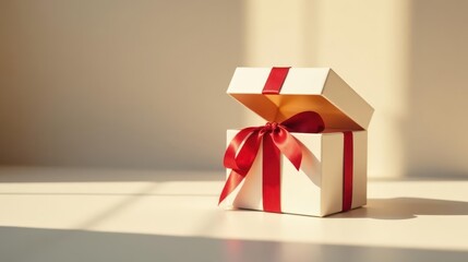 An Open Gift Box with a Red Ribbon in Soft Sunlight on a Neutral Surface