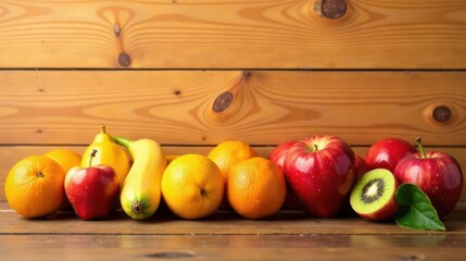 A vibrant arrangement of fresh fruits, including juicy oranges, crisp apples, and a zesty kiwi, rests on a rustic wooden surface, creating a visually appealing and wholesome still life.