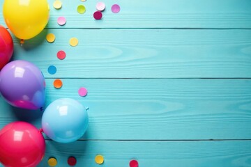 Colorful Balloons and Confetti on a Blue Wooden Surface, Perfect for Festive Celebrations and Joyful Occasions