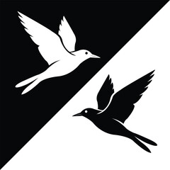 Artistic vector design of two swallow birds flying, one in black and one in white, with a split diagonal contrast background. Perfect for branding, freedom themes, and minimalist decor.