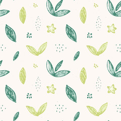 Seamless Hand-Drawn Floral and Leaf Pattern in Crayon Style