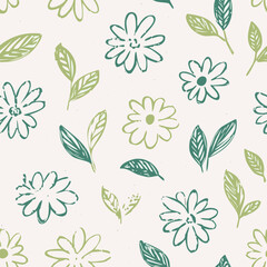 Seamless Hand-Drawn Floral and Leaf Pattern in Crayon Style