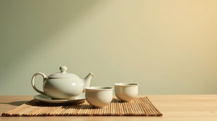 Serene Tea Ceremony Setup Elegant White Teapot and Cups on Bamboo Mat