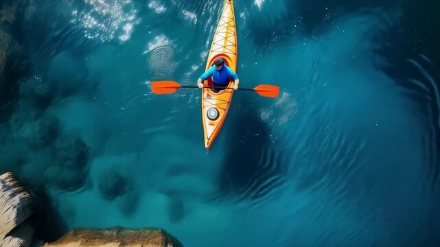 Man in an orange boat on the background of blue water. Useful for advertising active recreation and travel.
