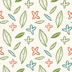 Seamless Hand-Drawn Floral and Leaf Pattern in Crayon Style