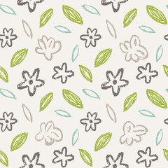 Seamless Hand-Drawn Floral and Leaf Pattern in Crayon Style